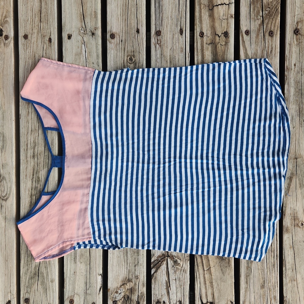 Pink, blue, and White Striped Shirt with button keyhole back small Casual Mine